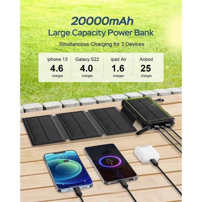 5en1 Power Bank Solaire 20000mAh Étanche Avec LED Ultra-Puissante Et 2
