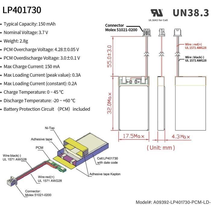 Batterie Lithium Polymère 3,7V 700Mah 803030 Batterie Rechargeable Lipo
