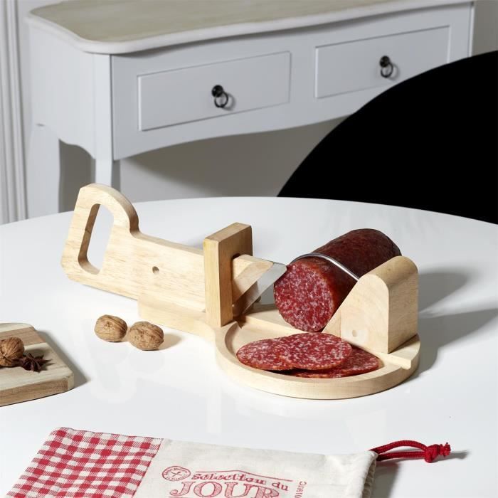 Trancheuse Guillotine à Saucisson Ronde En Bois - Lame Inox, Goupille Sécurité - Charcuterie, Viande, Fromage Jusqu'à 6 Cm