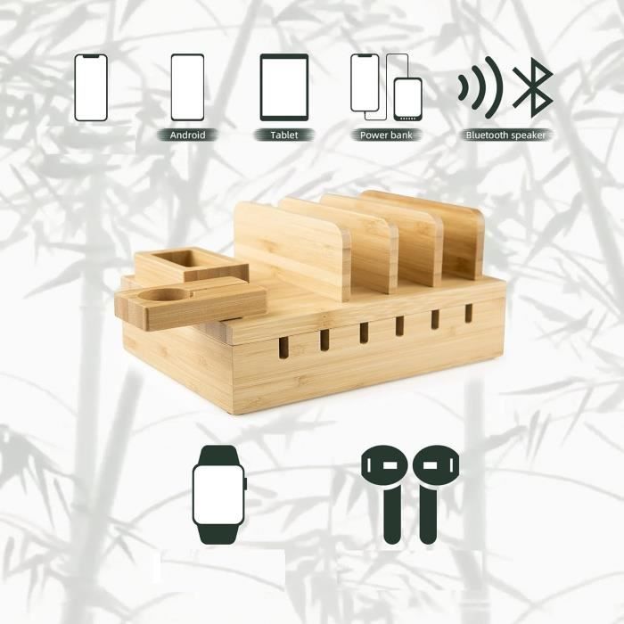 Station De Charge En Bambou 6 Ports USB - Support Réglable Téléphone/tablette + Boîte De Rangement (bureau, Salon)