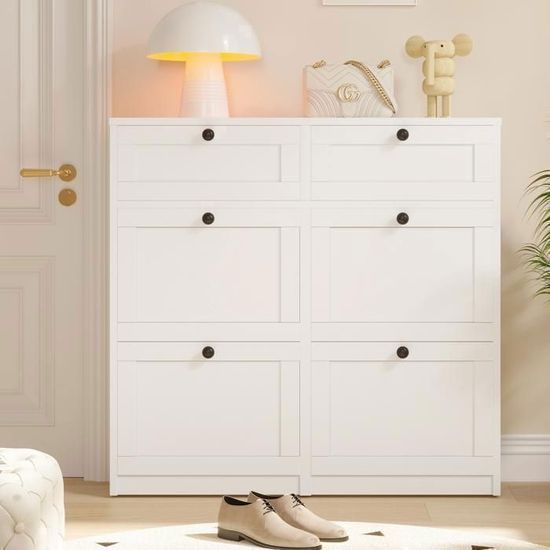Meuble à Chaussures Blanc Avec Tiroirs Basculants - 80x24x92 Cm, Pieds Acier, Séparateurs Réglables - Rangement Entrée, Couloir