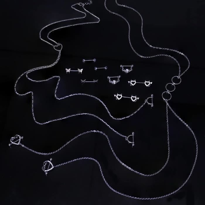 Nipple Rings Femme 4 Paires Anneaux Mamelon 14G - Acier Inoxydable 316L | Coeur, Lune, Étoile, Feuille | Bijoux Percage Anneaux Mamelon Décoratifs