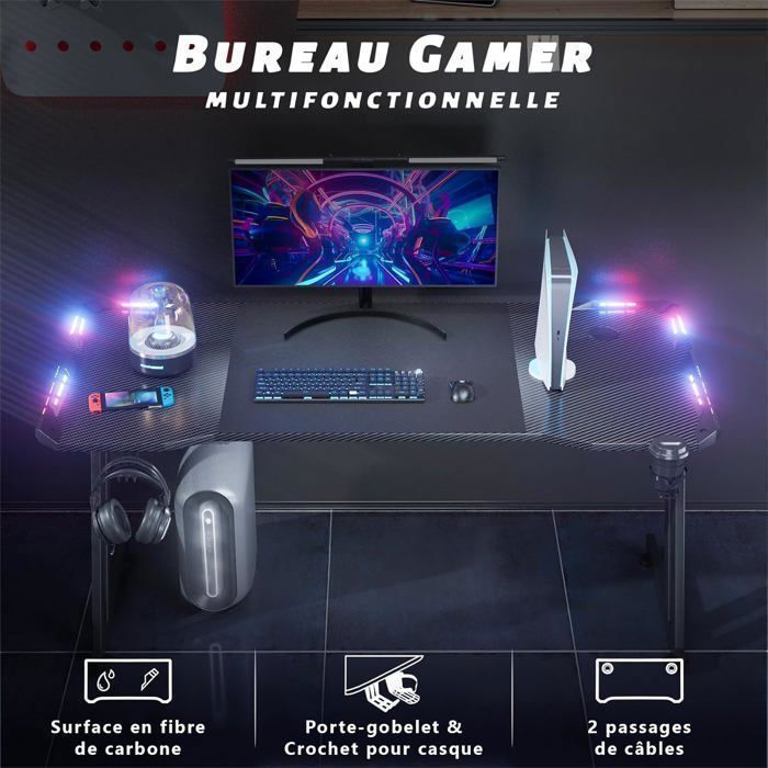 Bureau Led Bureau D'angle, Bureau En L 160 X 100cm, Grande Bureau Gamer Avec Un Plateau En Fibre De Carbone, Avec Porte-gobelet Et Crochet Pour Casque Bureau Gaming Led