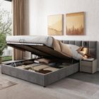 Lit coffre 160x200 cm - JAERLIUB - Lit double - Velours gris - Lumière directionnelle - Chargement USB