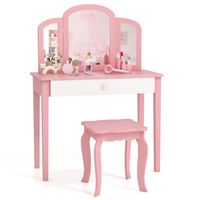 Coiffeuse Enfant 2 En 1 DREAMADE - Miroir Rotatif 360° + 3 Tiroirs Blanc/Rose