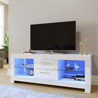 Meuble TV - Blanc Brillant - Avec éclairage LED - 2 tiroirs et étagères en verre