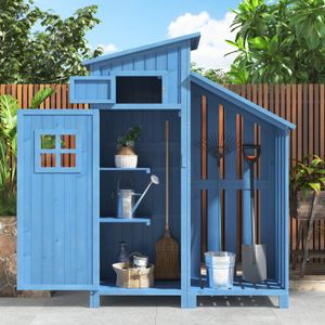 ABRI JARDIN - CHALET Abri de jardin en bois massif avec toit pente en PVC - 2 étagères 3 portes loquets - L124 x P46 x H174 cm - Bleu