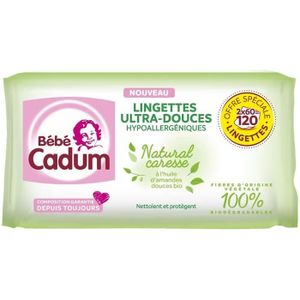 LINGETTES BÉBÉ LOT DE 6 - BEBE CADUM : Lingettes bio 100% coton 120 lingettes