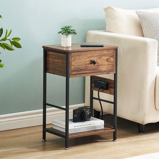 Table De Chevet Avec Station De Charge - Table De Chevet Avec 2 Ports Usb Et 3 Prises Table Appoint Avec 2 Tiroirs 32 X 40 X 60 Cm 96207264