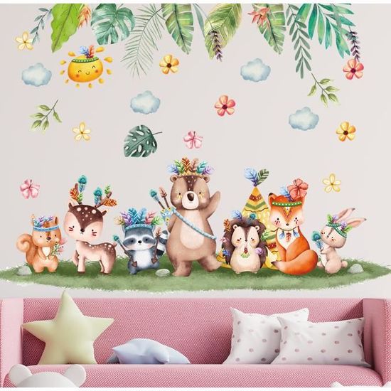 Wondever Stickers Muraux 3D Animaux De La Jungle Feuilles Tropicales Autocollants Muraux Mural Stickers Safari Girafe Lion Singe Pour Chambre Enfants Bébé Pépinière Salon