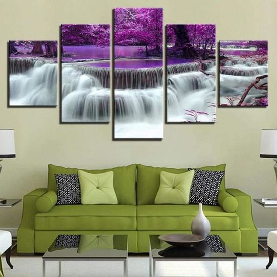 5 Parties Motif HD Affiche Mur Purple Forest Tree Lake Chute d'eau Moderne décoration -100x50cm[81]
