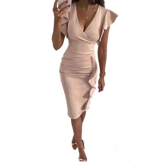 Missufe Robe D’Été Moulante Femme Manches Courtes – Robe Crayon Genoux Col Rond – Coton Stretch Confortable