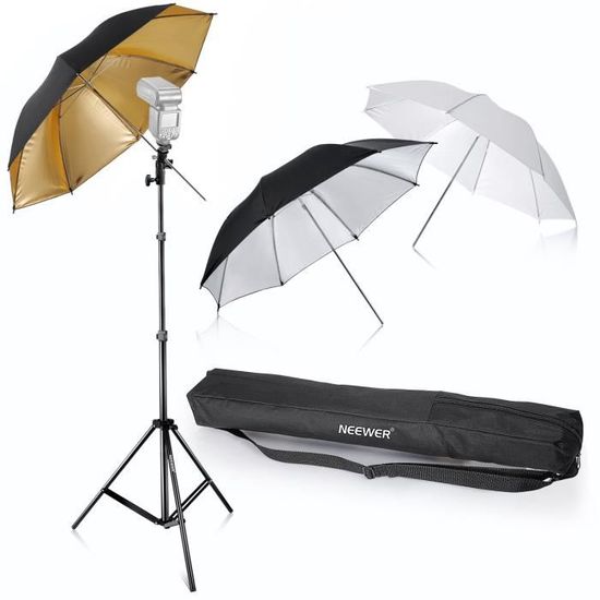 Kit Éclairage Neewer - 3 Parapluies (Blanc, Argent, Or) + Trépied - Pour Flash Canon/Nikon