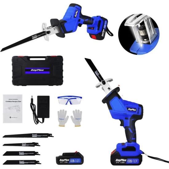 Scie Sabre Sans Fil 1900 Tr/min - Batterie 21V 1,5Ah, 4 Lames Incluses, Coupe Bois 150 Mm, Métal 8 Mm