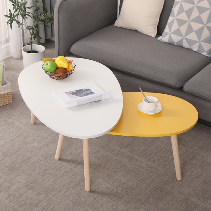 HUGUANGh® lot de 2 tables basse ovale blanche et jaune avec 3 pieds en bois (98x40x60cm,88x34x48cm)