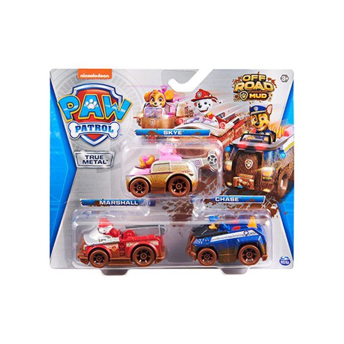 Coffret Pat Patrouille 3 Vehicules Metal off road Mud Marcus Camion Pompier Stella helicoptere Chase police Chien Voiture Miniatur