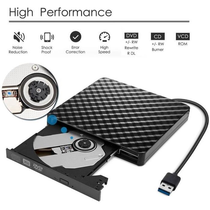 Lecteur de DVD externe pour ordinateur portable, lecteur de disque USB 3.0, graveur de CD graveur DVD-RW portatif mince - Noir