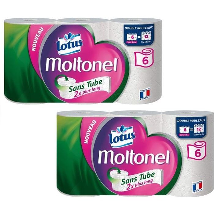 LOTUS Papier toilette Moltonel - Sans tube - 3 épaisseurs - 6 rouleaux - Blanc