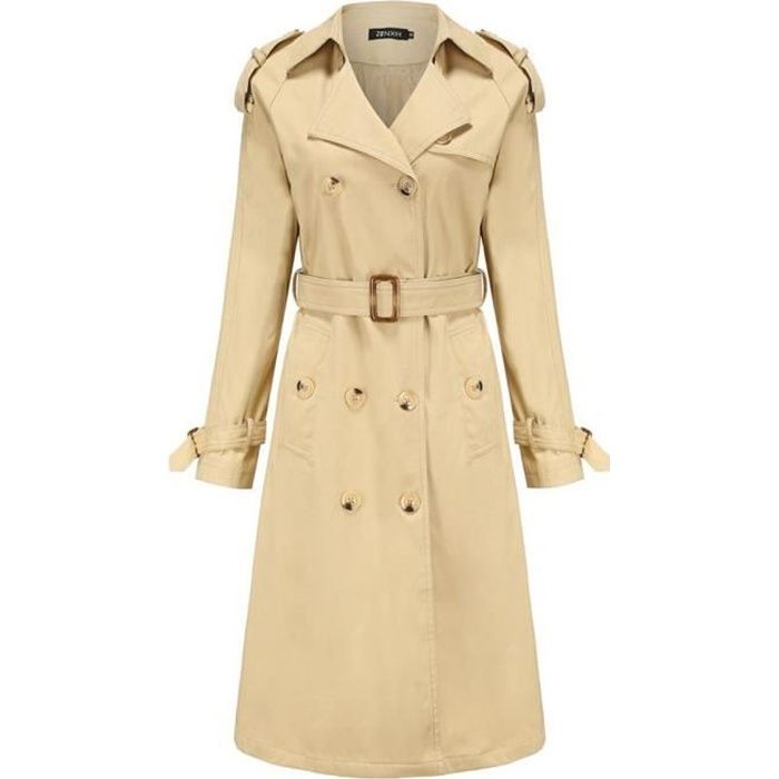 Manteau Longue Léger et Imperméable Femme Trench-coat,Trench Revers Classique Double Boutonnage avec Ceinture Kaki