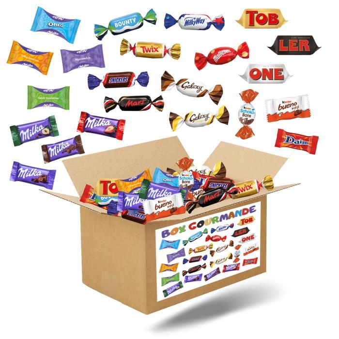 Box gourmande- Assortiment de 2x100 chocolats Célébrations, Kinder Bueno, Schokobons, Milka, Daim, Cémoi
