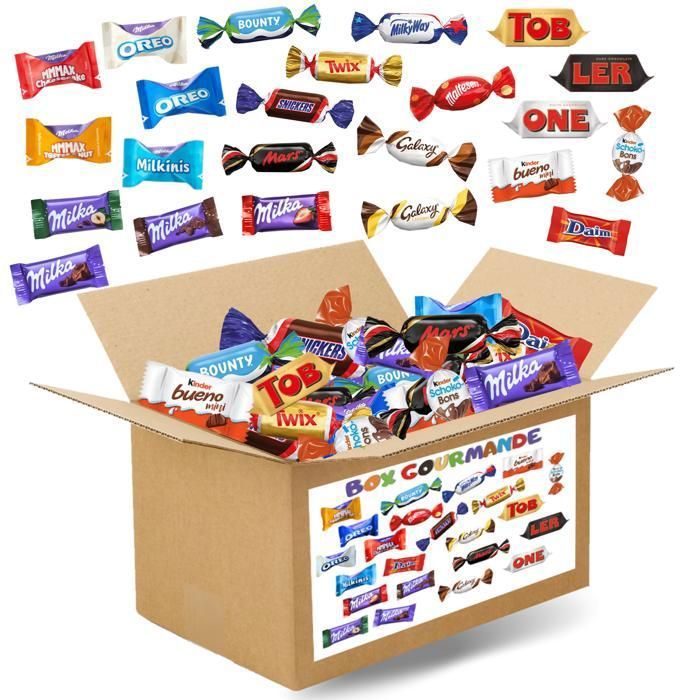 Box gourmande- Assortiment de 2x100 chocolats Célébrations, Kinder Bueno, Schokobons, Milka, Daim, Cémoi