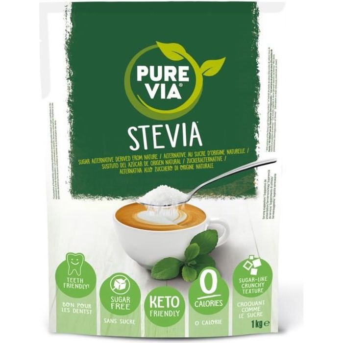 Pure Via - Poudre Cristallisée, Alternative au Sucre d’Origine Naturelle - Stévia, Zéro Calorie, 1 x 1Kg