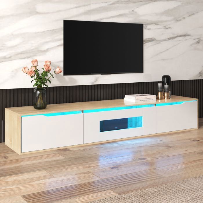 armoire tv elégante, meuble tv haut brillant, support tv mural 3 portes spéciaux, table blanc et bois avec lumière led, 180x35x30cm