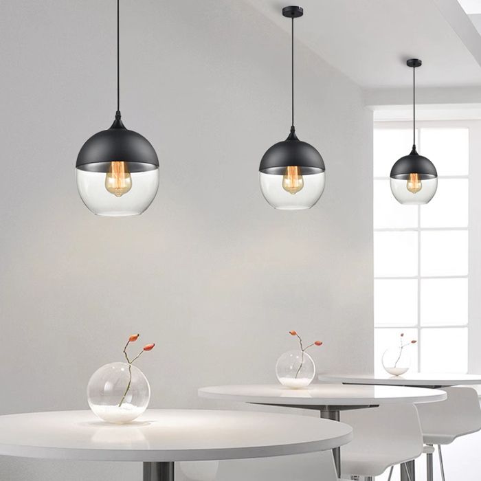 SNOGOLD Lot de 3 Lustre Suspension Industriel E27 Luminaire Moderne - Ø20*H23cm - Abat-jour Sphère en Verre Noir/Transparent