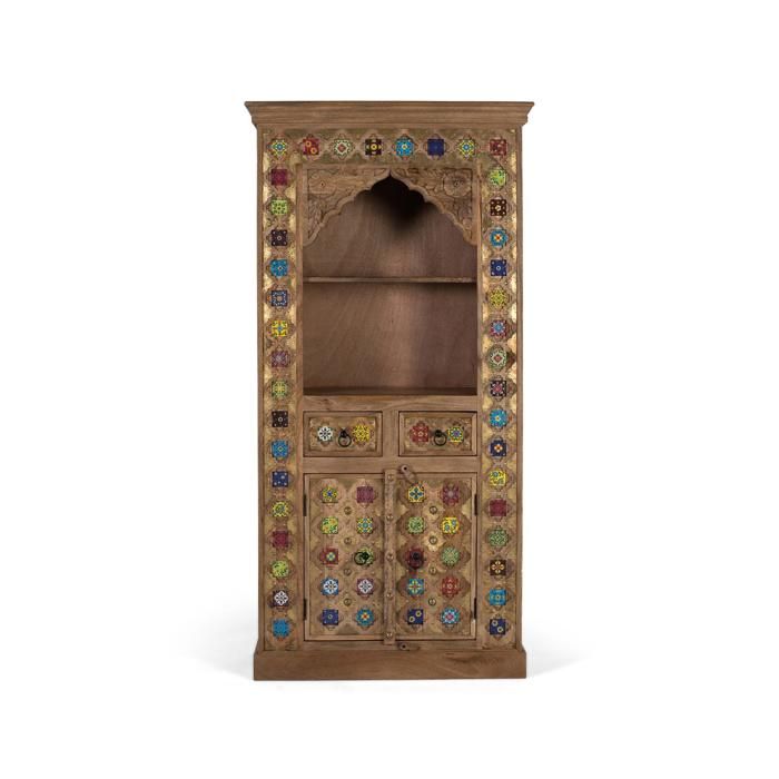 Bibliothèque Ethnique - Bois de Manguier - Carreaux Céramiques - Couleur Noisette
