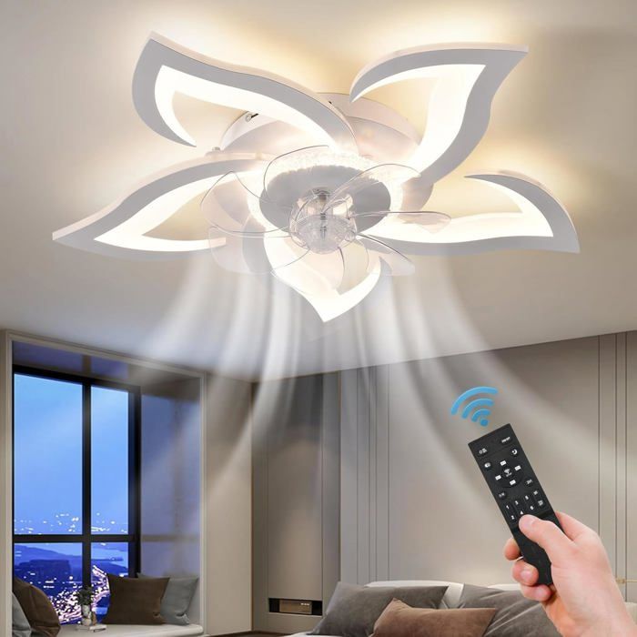 Ventilateur plafond 69 cm – Ventilateur de plafond avec lumière LED 2400 lm 6 vitesses passage été/hiver APP pour chambre - Prumya