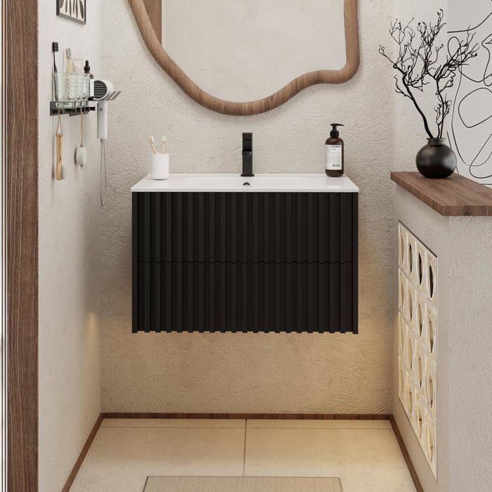 GOOBUY Meuble Salle de Bain 80cm Meuble Suspendu avec Lavabo en Céramique Poignée Cachée Motif de Ligne 80 x 45 x 50cm Noir