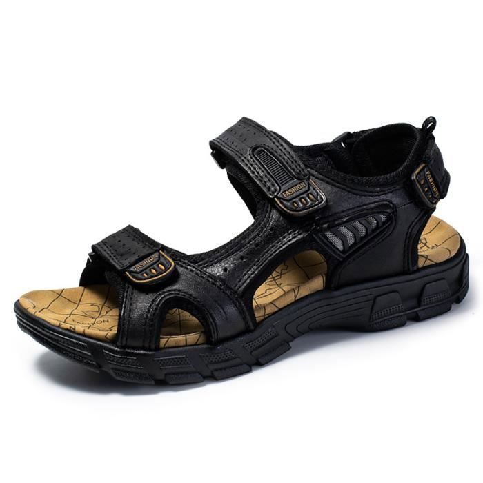 Sandales Homme - Plage Randonnée - Cuir - Souples - Noir Noir