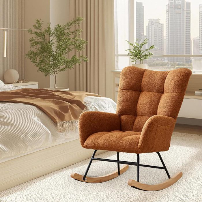 Fauteuil a Bascule - AFFI - MARRON - Scandinave - Rocking Chair - Pieds en Métal et en Bois Massif - Salon -chambre à coucher