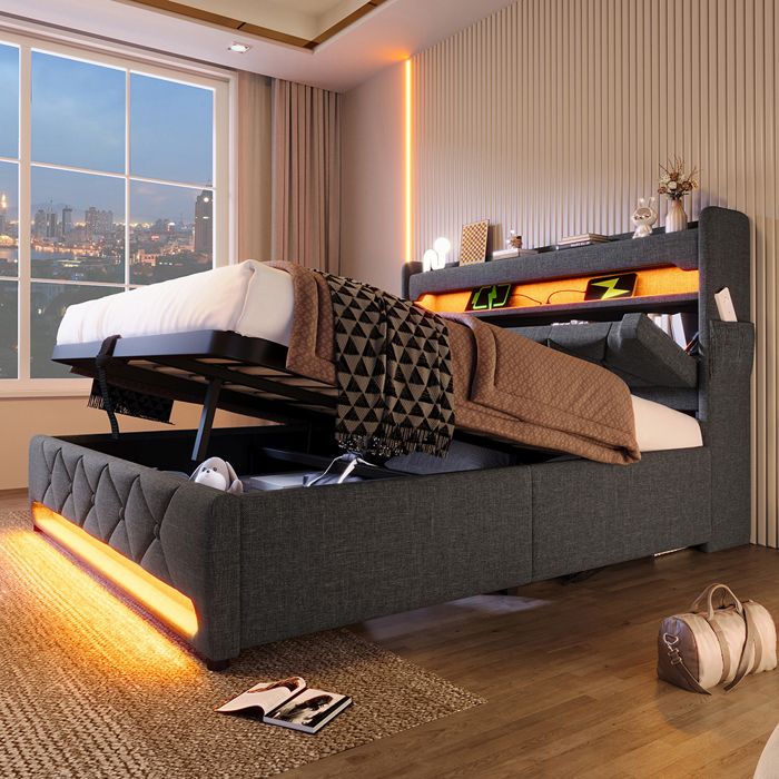 Lit coffre rembourré 180x200 cm gris en lin avec rangement ports USB/Type-C — sommier inclus (sans matelas)