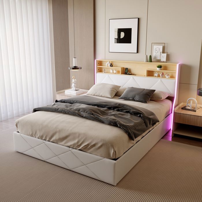 Lit Coffre 160x200 cm avec Sommier LED et USB Lit adulte 160x200 cm avec tête de lit rangement Cuir PU Blanc