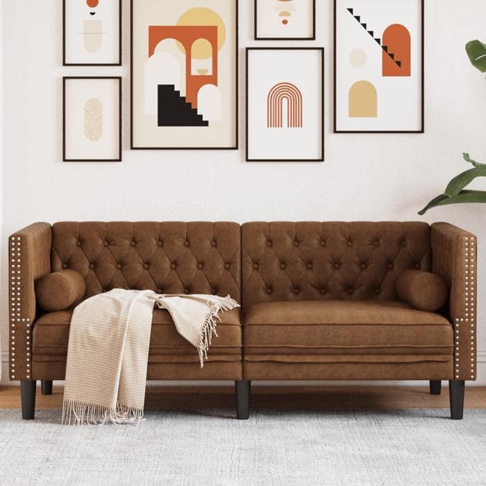 Canapé Chesterfield 2 places - vidaXL - Similicuir daim - Brun - 174x74.5x70.5 cm - Boutons tuftés