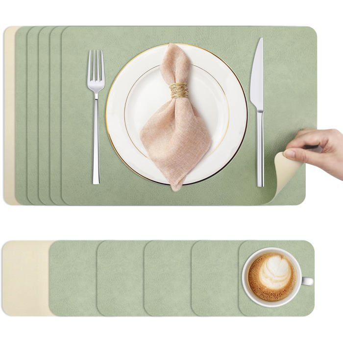 Sets de 4 Table Lavable Rond, Set de Table et Dessous de Verre, Set Couverts de Table, Cuir Napperons Antidérapant Double Face Imperméables, Set de Table Lavable Chaleur Résiste (Vert-Gris Sets de 4 Table Lavable Rond, Set de Table et Dessous de Verre, Set Couverts de Table, Cuir Napperons Antidérapant Double Face Imperméables, Set de Table Lavable Chaleur Résiste (Vert-Gris