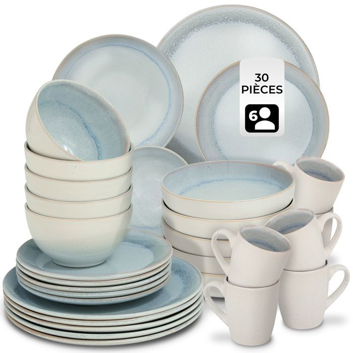Service - TECTAKE - Set de vaisselle MARE 30 pièces en faïence émaillée 6 personnes fait main compatible lave-vaisselle - Gris