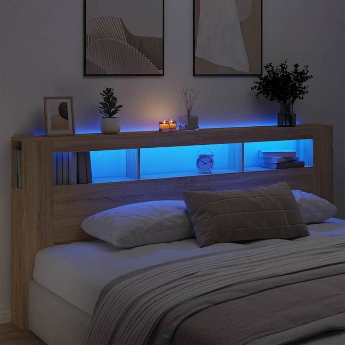 Tête de lit à LED - Happiness - Chêne sonoma - 220x185x1035 cm - Bois dingénierie - Lumières LED RVB - Montage simple