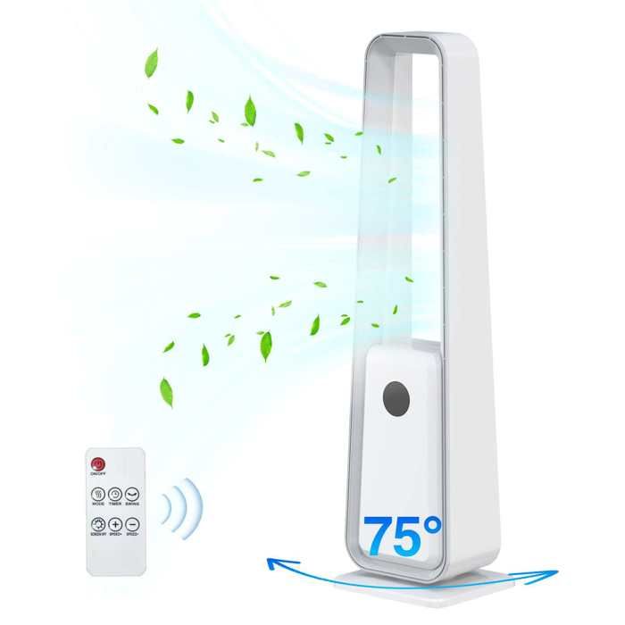 Ventilateur Colonne Sans Pale Silencieux 34dB avec Télécommande 3 Vitesses 3 Modes Oscillation 75 Degrés Minuterie Design Moderne - Aiorber