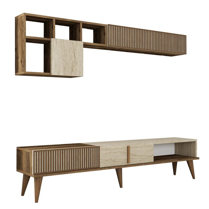 Meuble TV en bois Milan - 180 x 35 x 40 cm - Noyer Travertin