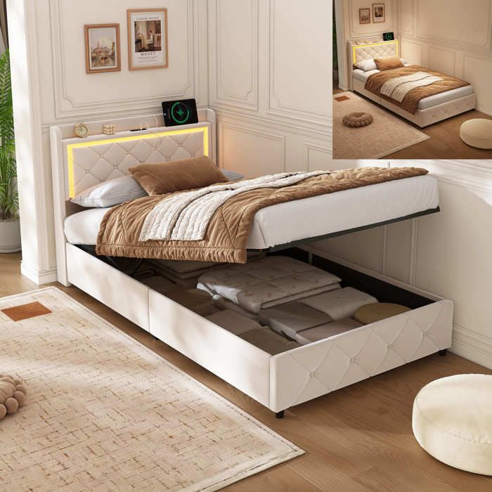 Lit coffre 90x200 Structure de lit avec sommier Tête de lit avec LED avec USB + Type-C Motif diamant Beige Velours