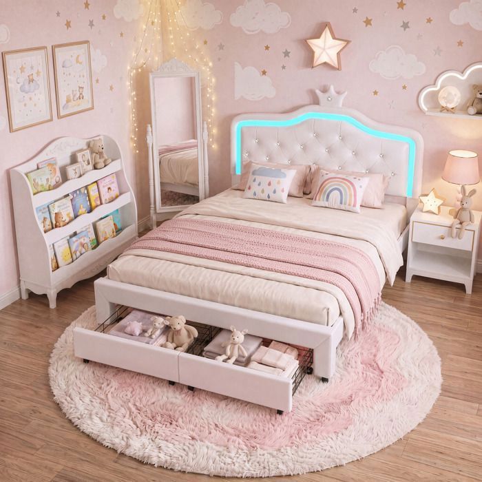 Lit double 140x200 avec LED Cadre de lit 140x200 avec sommier et 2 tiroirs Tête de lit réglable pour enfant fille adulte PU Blanc