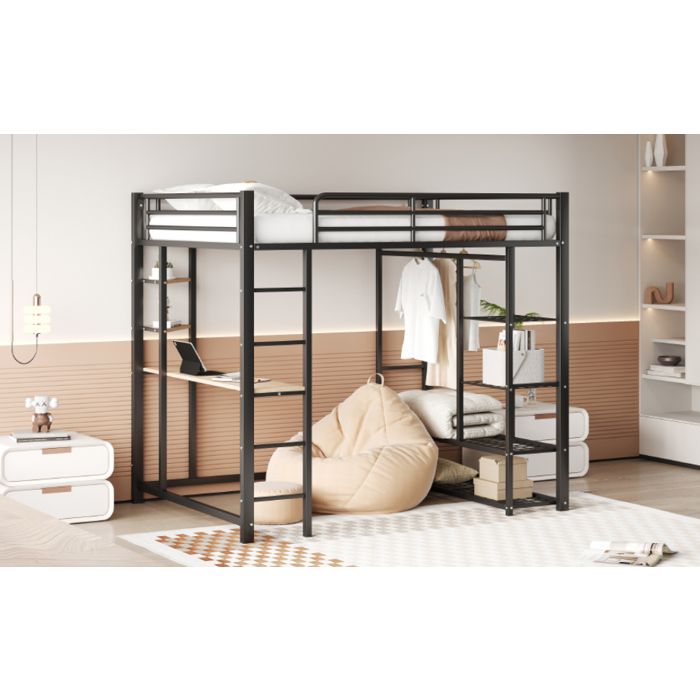 Feuille épaissie Lit mezzanine en métal avec échelle 140 * 200cm lit denfant lit double avec table avec cintres simples et compa