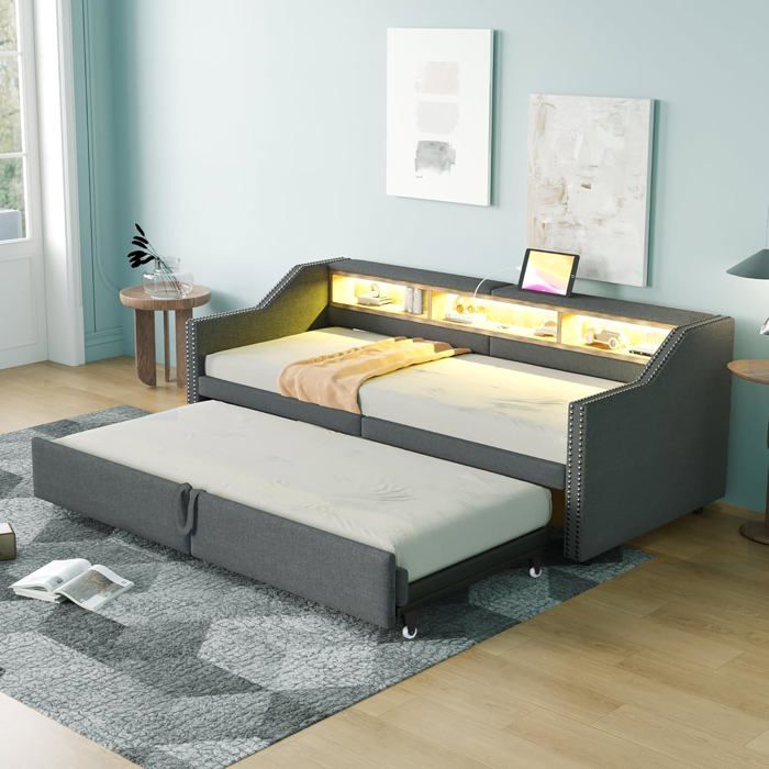 Canapé-lit 90/180x200cm lit capitonné avec compartiment de rangement canapé-lit gigogne avec lumière LED et prise USB Gris Foncé