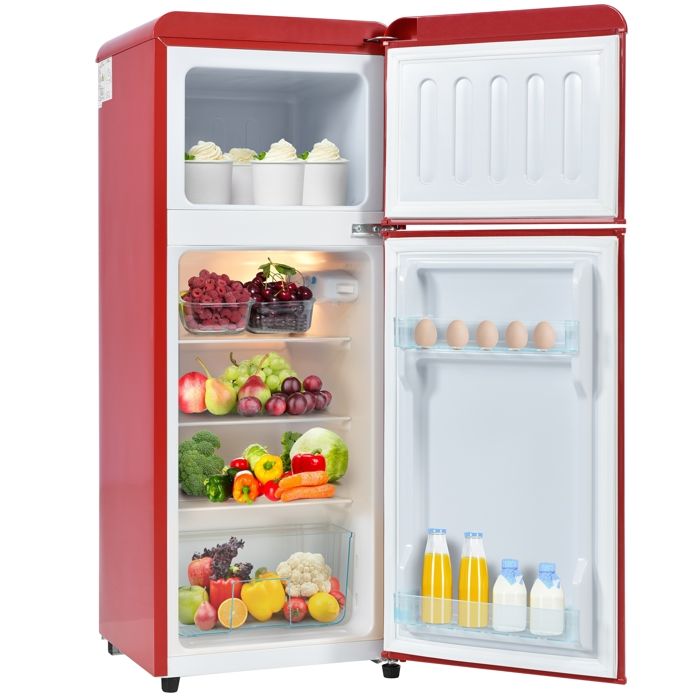Réfrigérateur combiné - 92L - LED - classe D - tapis antidérapants - réfrigérant R600A pour protéger lozonosphère - rouge