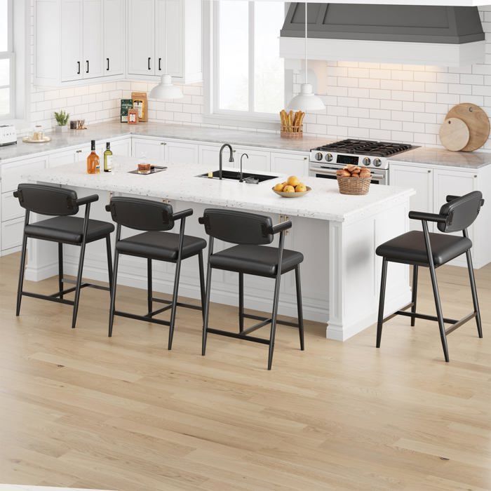 Tabouret de cuisine - LUNSY - Lot de 4 - 49x48x94 cm - Noir - Assise 65 cm - Rembourrage PU - Structure métal