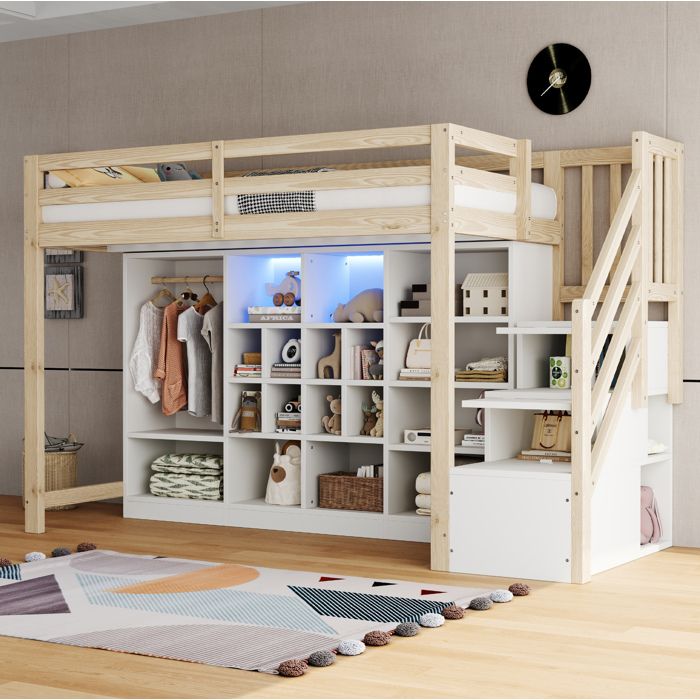 Lit mezzanine 90 x 200 cm en bois avec rangements intégrés penderie et éclairage LED