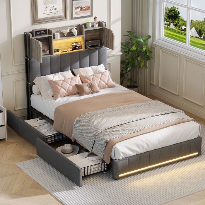 Lit 90x200cm avec LED et sommier à lattes lit simple avec port USB et Type-C lit coffre 90x200 cm  tissu de lingris