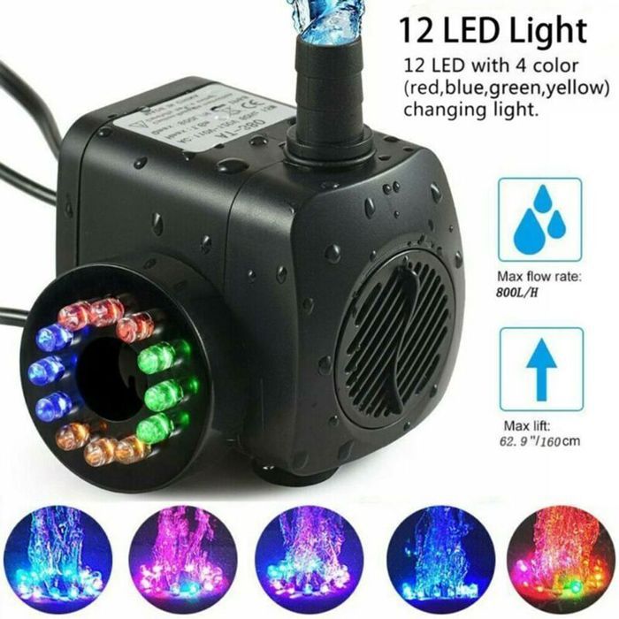 Pompe de fontaine LED - Nosheir - Débit maximal 800 l/h - 12 LED colorées - Puissance 15W - Dimensions 72x54x63 mm